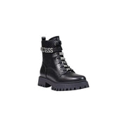 Black guess women ankle boots made of polyurethane with silver rhinestone-embellished zip laces and chunky sole