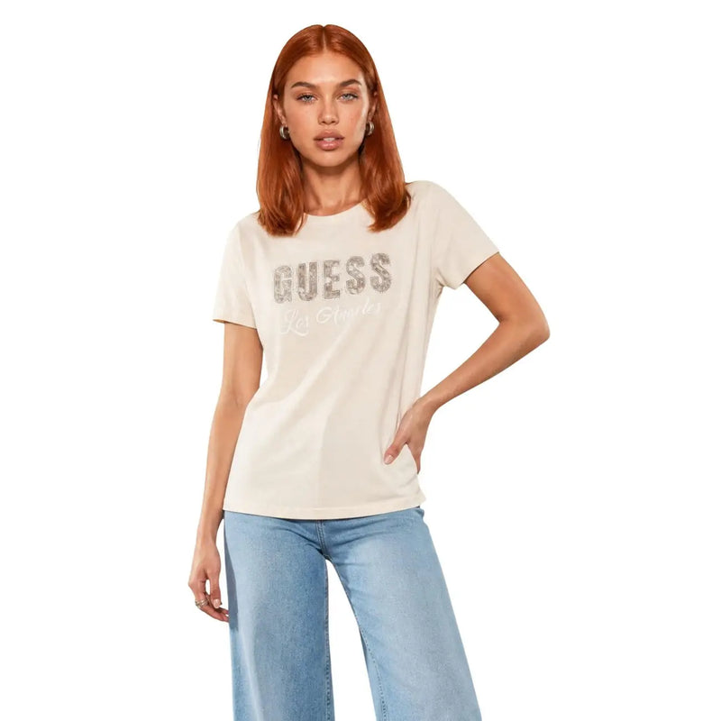 Beige Guess women cotton t-shirt with glittery Guess logo across the chest in classic short sleeve style