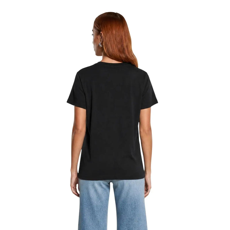 Guess women black cotton classic short sleeve t shirt with a simple crew neck design in black color