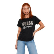 Guess women black cotton classic short sleeve t-shirt featuring a sparkling silver and white Guess Los Angeles graphic