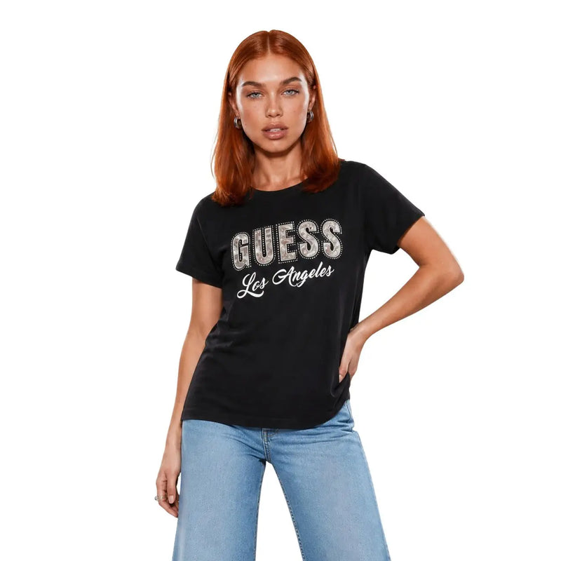 Guess women black cotton classic short sleeve t-shirt featuring a sparkling silver and white Guess Los Angeles graphic