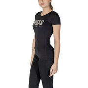 Guess women black cotton t shirt with round neck and metallic gold guess angeles logo across the chest
