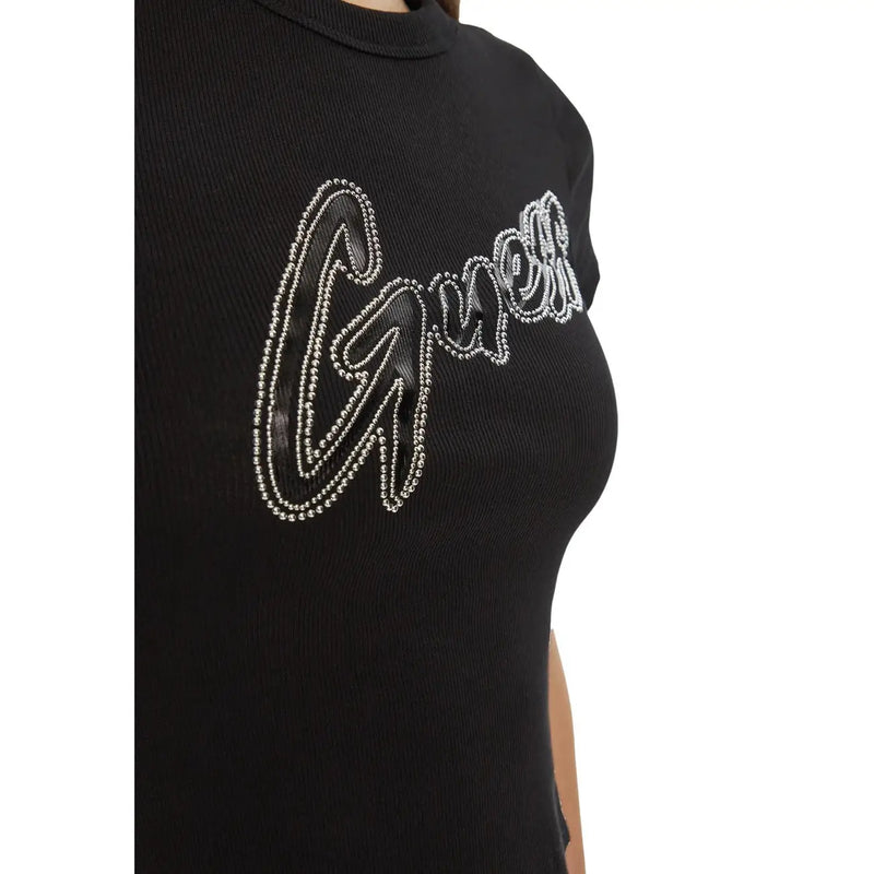Guess women black cotton rib knit t shirt with sparkling silver rhinestone embellished logo on front