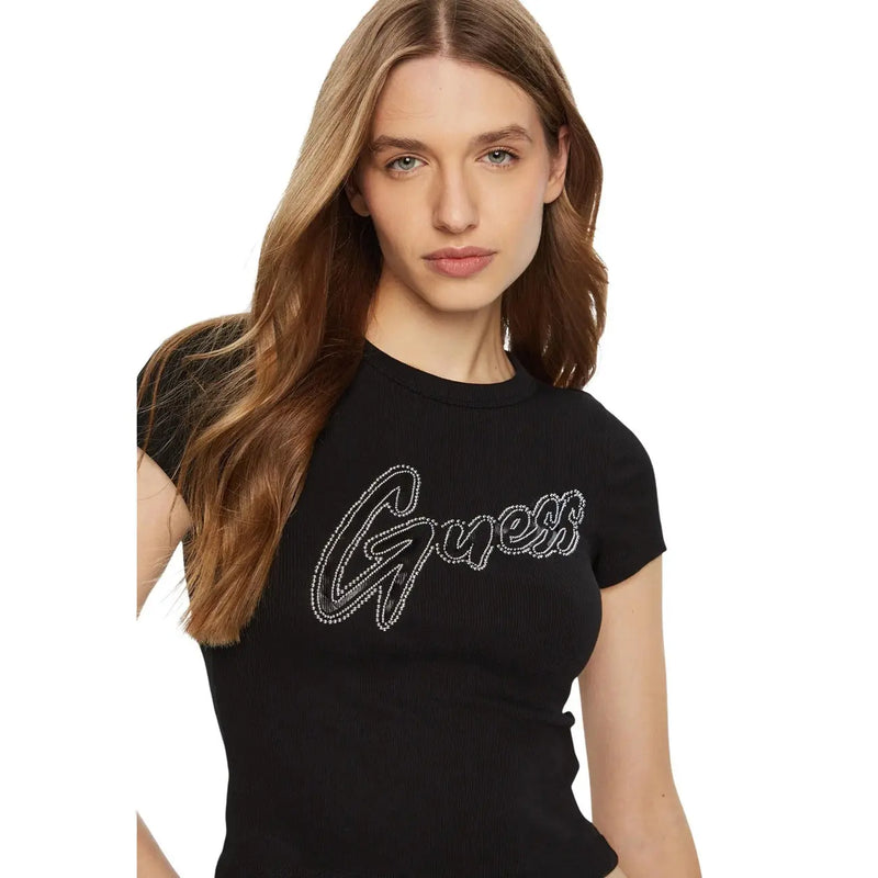 Black cotton ribbed short sleeve t shirt with silver rhinestone guess logo across the chest by Guess women