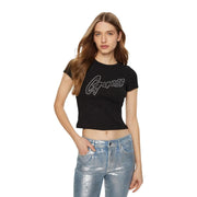 Black short-sleeved cotton rib crop top with sparkling Guess logo and round neck for women