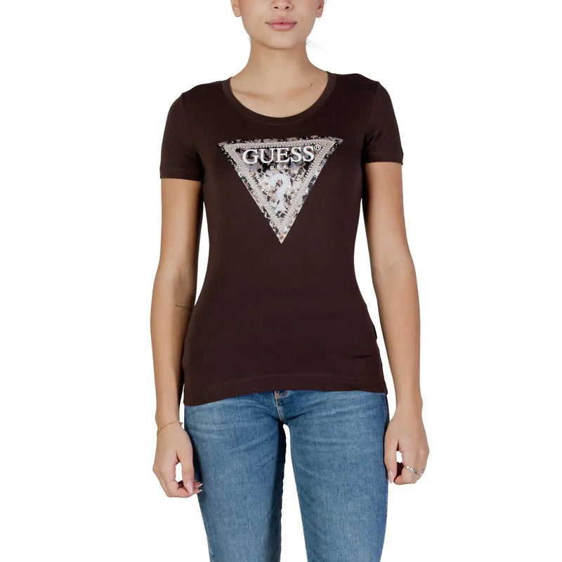 Brown Guess women t-shirt made of cotton with a silver sequin and embroidered triangular logo on the front