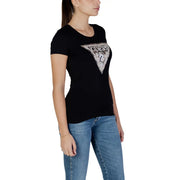 Guess women black cotton round neck short sleeve t shirt with a sparkling silver triangular logo and embroidered brand name