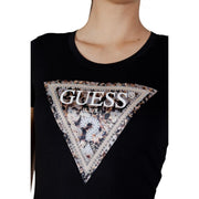 Guess women black cotton round neck short sleeve t shirt with triangular leopard print logo and silver studs