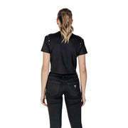Guess Women black cotton round neck t-shirt with silver shoulder studs