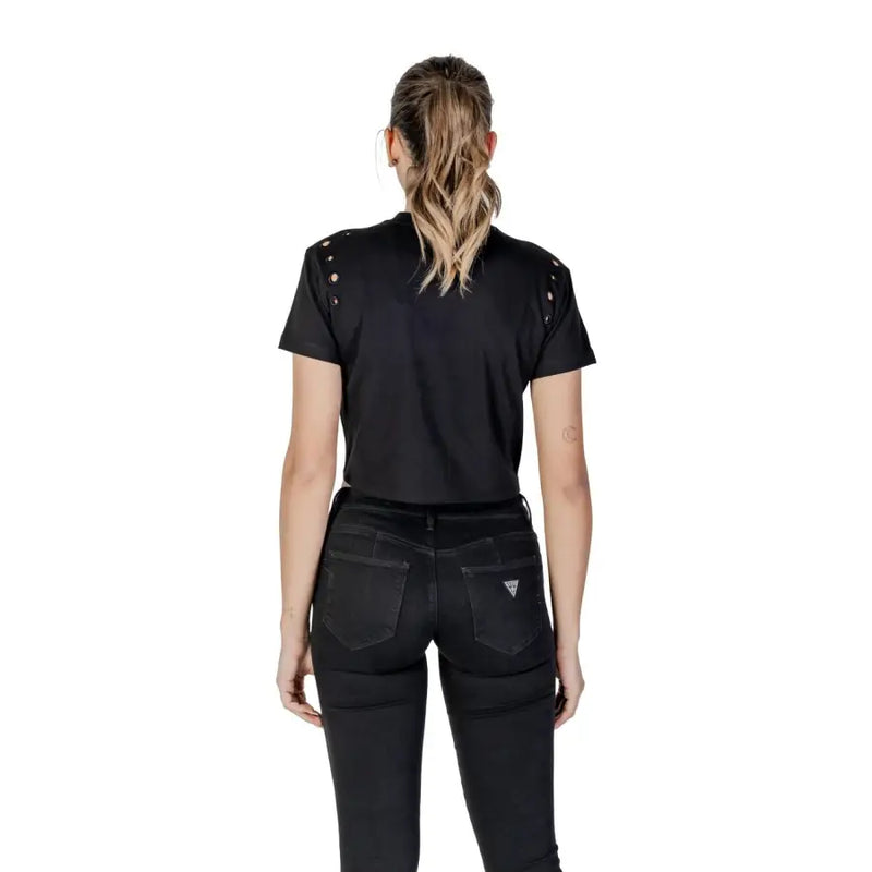 Guess Women black cotton round neck t-shirt with silver shoulder studs
