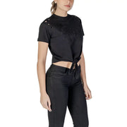 Guess Women black cotton cropped round neck T-shirt with embroidered logo and eyelet shoulders