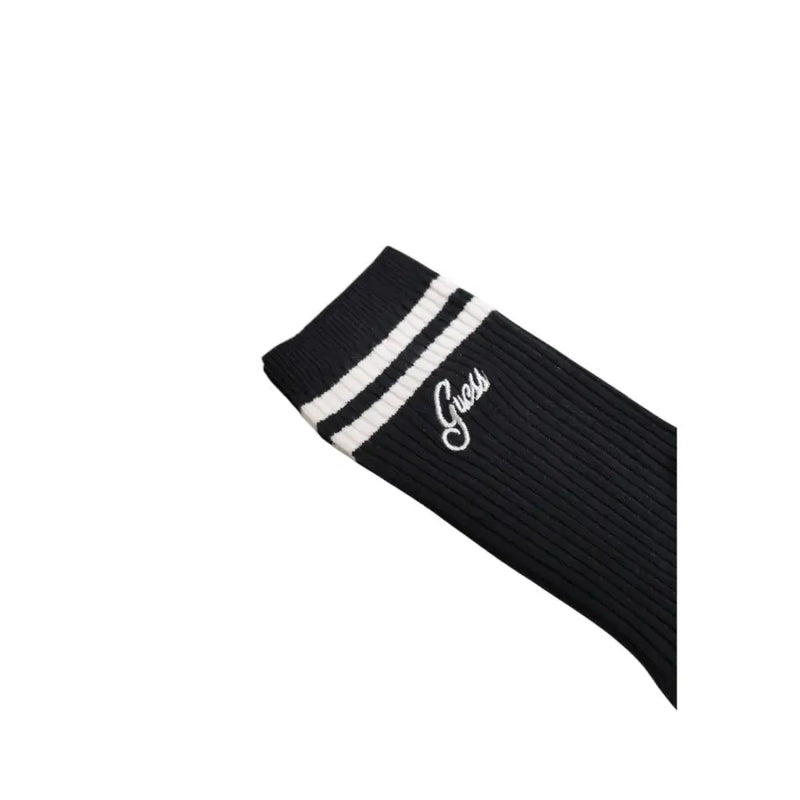Guess black ribbed knit sock with white striped cuff and logo