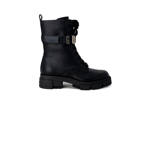 Guess Schwarze Damen-Ankle-Boots aus Kunstleder mit klobiger Sohle und goldfarbener Gu-Schnalle, Größe 4,5