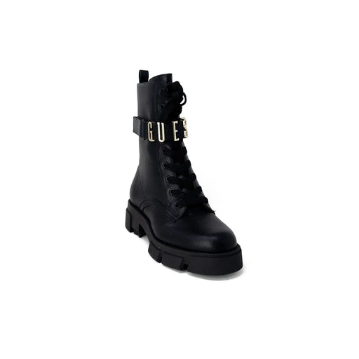 Schwarzes Kunstleder Guess Damen-Ankle-Combat-Boot mit klobiger Sohle und metallischem Logo-Riemen, Größe 4,5