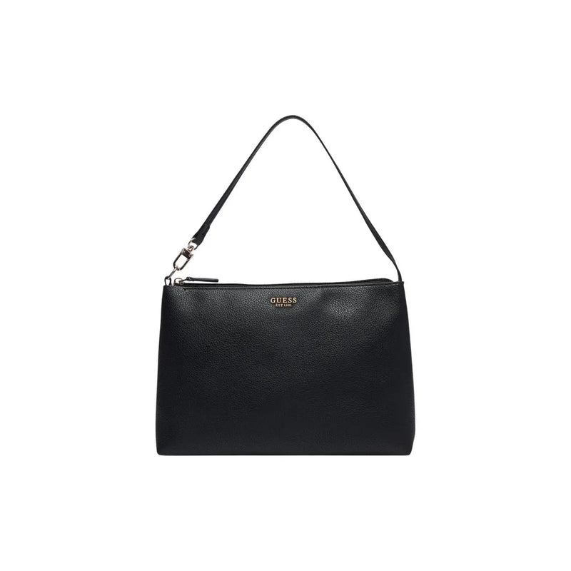 Black pebbled leather Guess women Melody handbag 29 cm with silver hardware and front logo detail