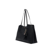 Guess women black faux leather melody handbag tote bag with silver tone lock and tassel charm 29 cm