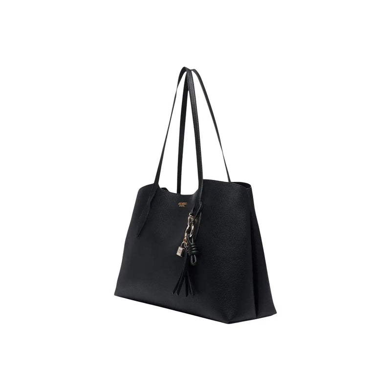 Guess women black faux leather melody handbag tote bag with silver tone lock and tassel charm 29 cm