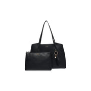 Guess women black textured faux leather tote bag with matching pouch and keychain tassel 29 cm Melody handbag