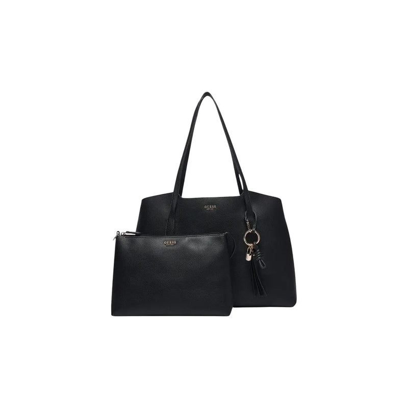 Guess women black textured faux leather tote bag with matching pouch and keychain tassel 29 cm Melody handbag