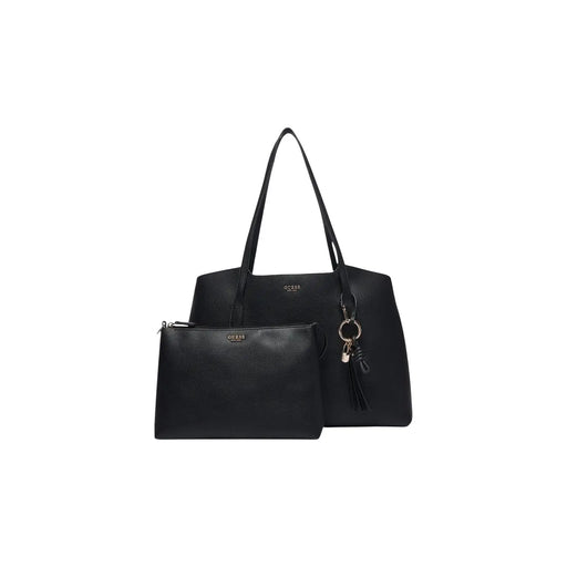 Guess women black textured faux leather tote bag with matching pouch and keychain tassel 29 cm Melody handbag