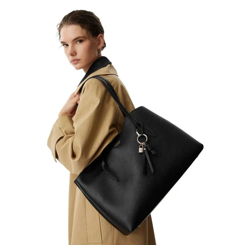 Black textured leather tote bag with keychain lock detail from Guess women faux leather Melody handbag 29 cm collection