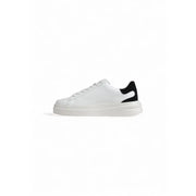 Guess women black faux leather sporty sneakers with white low-top design and black suede heel tab