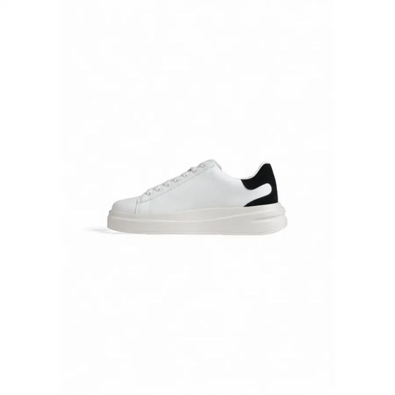 Guess women black faux leather sporty sneakers with white low-top design and black suede heel tab