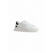 White Guess women sporty sneaker in faux leather with black heel accents and chunky white sole shown from the back