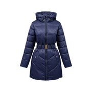 Guess Schwarze Damen-Kapuzenjacke aus Polyamid mit marineblauem Steppmuster und metallischer Gürtelschnalle für den Winter