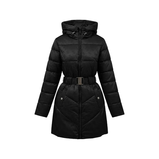 Guess Veste matelassée noire à capuche pour femme en polyamide, avec boucle de ceinture argentée et logo discret.