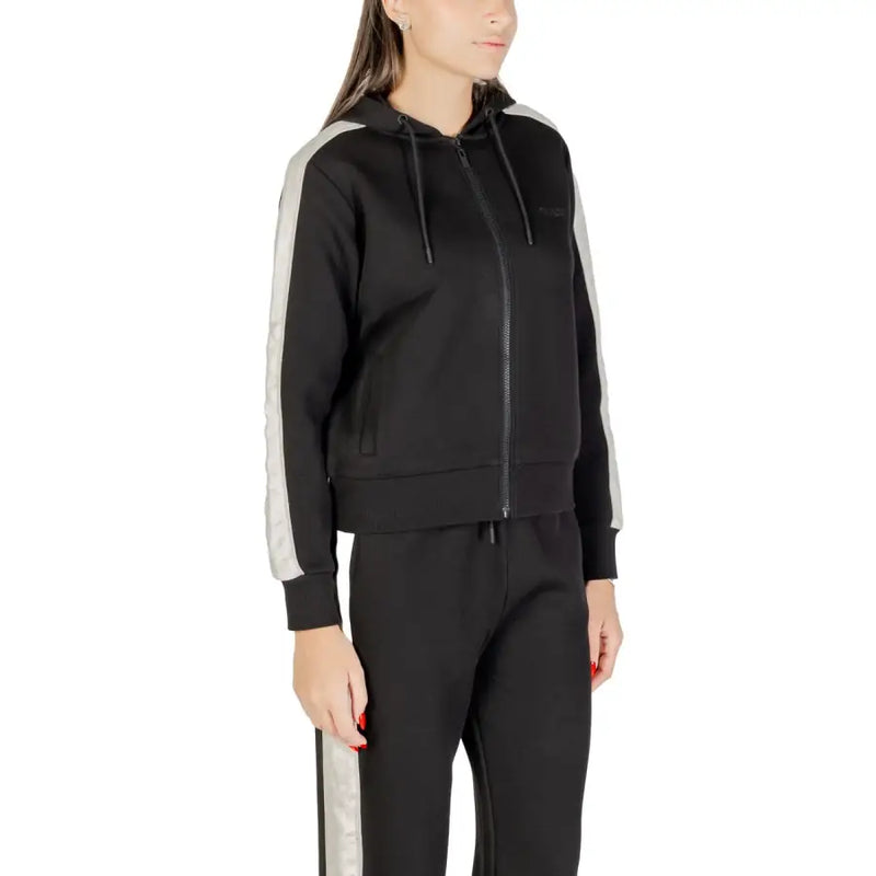 Guess women black hooded zip sweatshirt in cotton polyester with silver stripes down sleeves and matching drawstrings