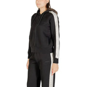 Black Guess women hooded zip sweatshirt in cotton polyester with white side stripes and subtle brand embroidery