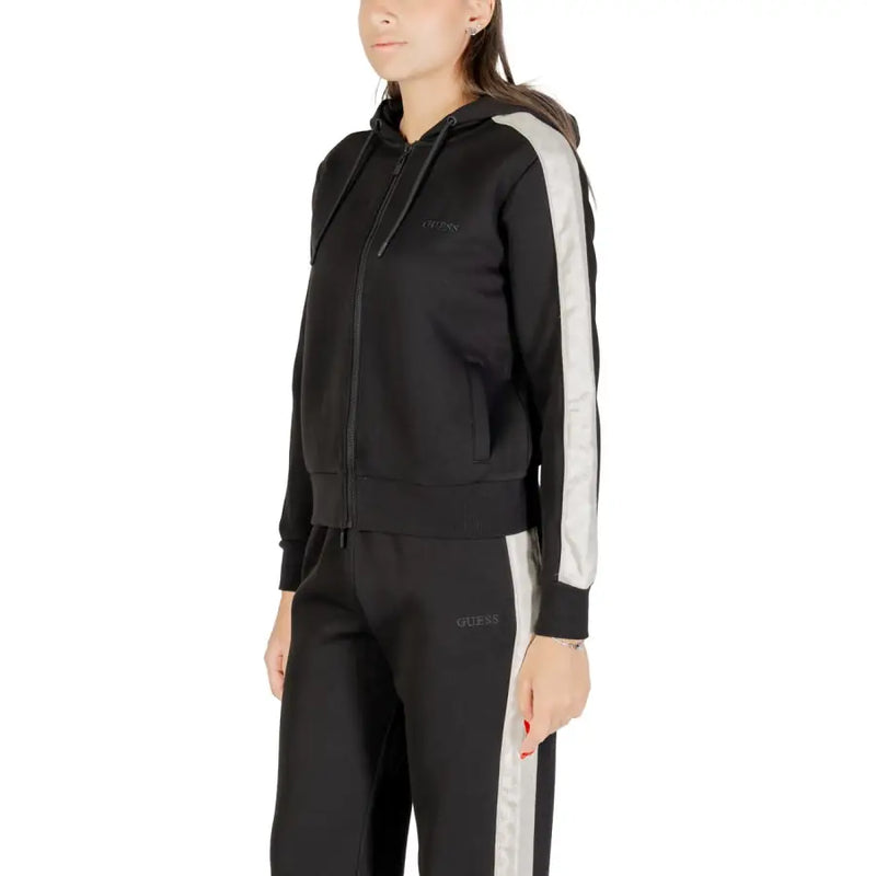 Black Guess women hooded zip sweatshirt in cotton polyester with white side stripes and subtle brand embroidery