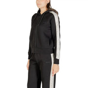 Black Guess women hooded zip sweatshirt in cotton polyester with white side stripes and subtle brand embroidery