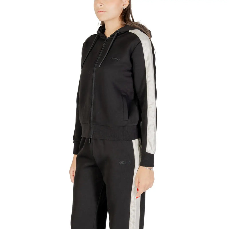 Black Guess women hooded zip sweatshirt in cotton polyester with white side stripes and subtle brand embroidery