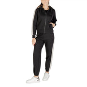 Guess women black hooded zip sweatshirt cotton polyester with gray side stripes and matching joggers front view