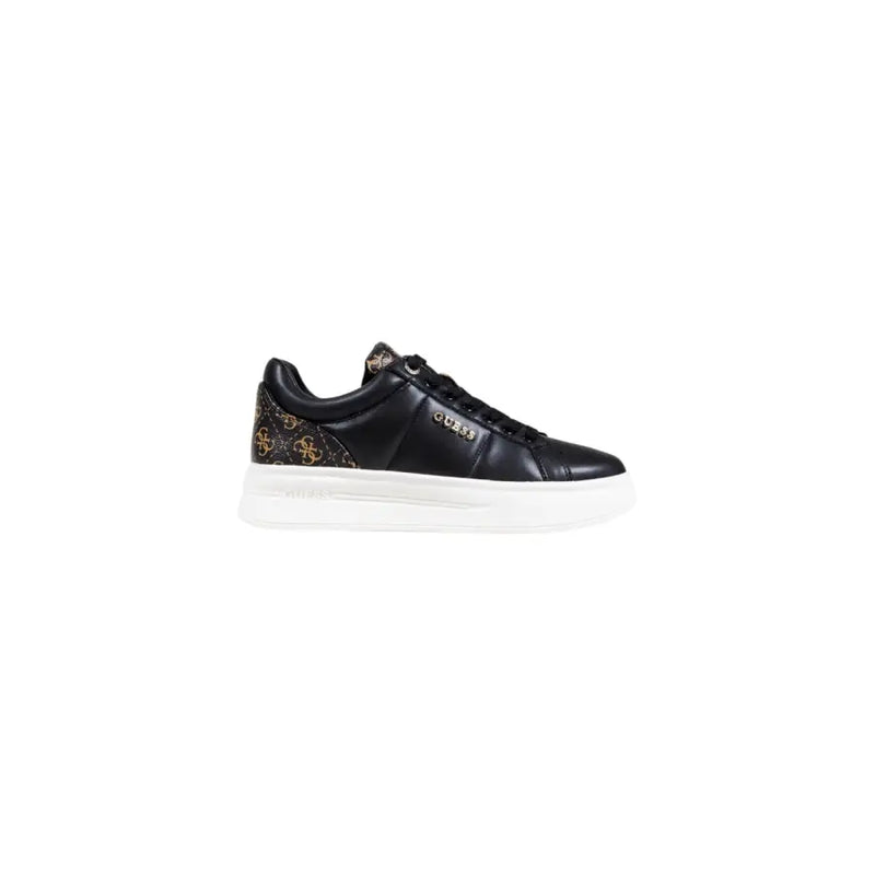 Guess women black lace sneakers with glossy leather upper gold logo detailing and white rubber sole fall winter collection