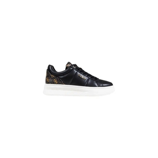 Guess women black lace sneakers with glossy leather upper gold logo detailing and white rubber sole fall winter collection