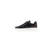Guess Women black leather low-top sneakers with white sole and gold heel logo