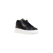 Guess women black lace sneakers with glossy leather upper gold logo detailing and white platform sole from fall winter collection