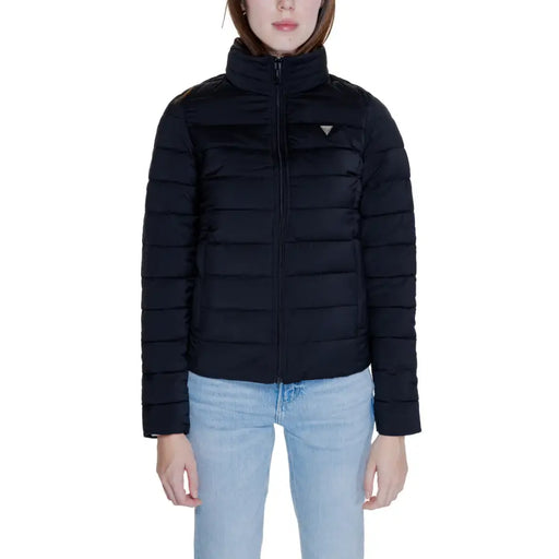 Women’s black puffer jacket with high collar and front zipper from Guess Women collection