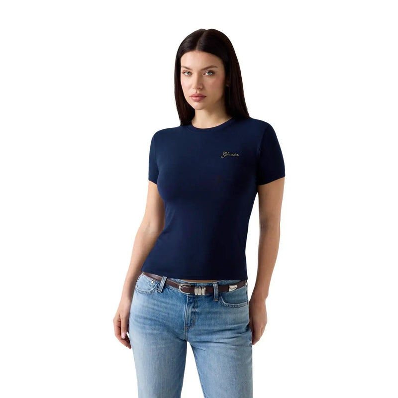 Navy blue Guess women short sleeve mini logo t shirt made of modal lycra with subtle gold embroidery on left chest