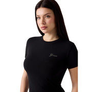 Guess women black modal lycra short sleeve t shirt with subtle rhinestone embellished bianca logo on chest