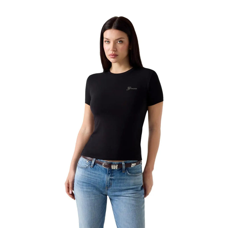 Guess women black modal lycra short sleeve t shirt with fitted cut and subtle embroidered logo on left chest