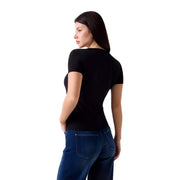 Guess women black modal lycra short sleeve v neck fitted t shirt front view showcasing soft stretch fabric