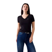 Guess women black modal lycra short sleeve v neck t shirt with subtle embroidered logo on the left chest