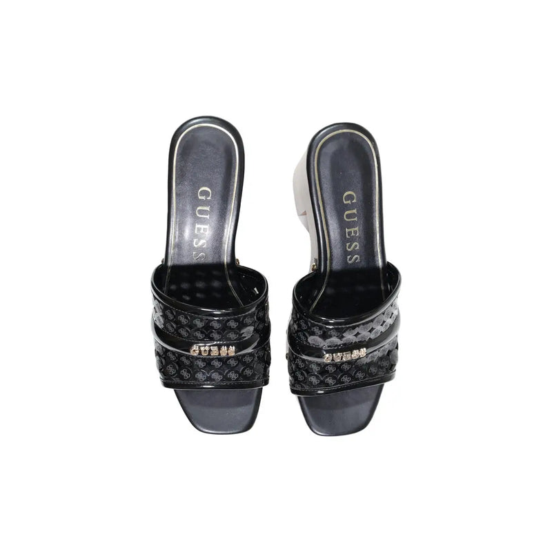 Black guess women platform slippers with glossy polyurethane block heel and embossed logo mule sandal straps