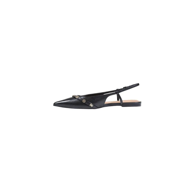 Guess women black leather slingback flat shoes with pointed toe and metallic embellishments across the vamp