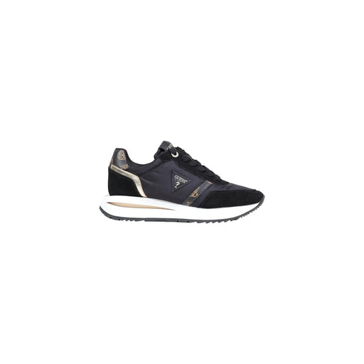 Guess Schwarze Damen-Sneaker aus Polyester mit metallisch-goldenen und Camouflage-Akzenten, weißer Zwischensohle und schwarzer Außensohle