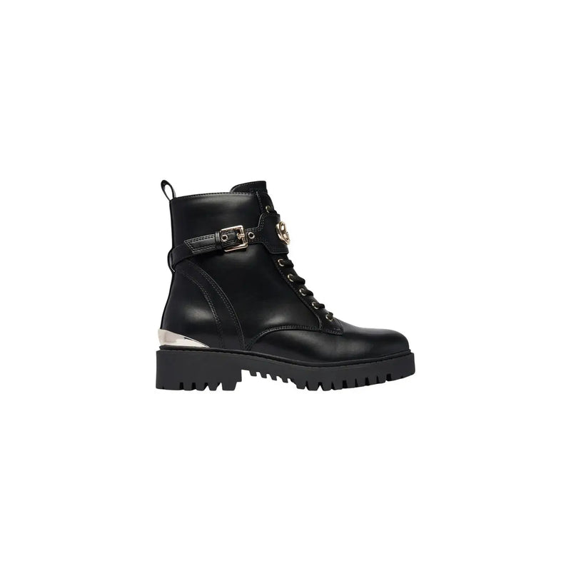 Guess women black polyurethane lace up ankle boot with silver metallic heel and gold-tone buckle detail